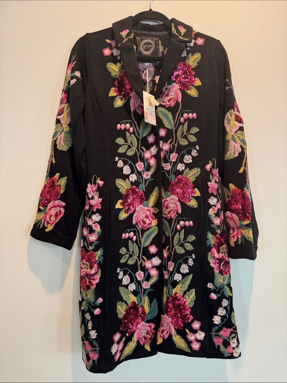 Johnny Was Black Long-Sleeve Embroidered Floral Jacket with Pink Sequin Flowers
